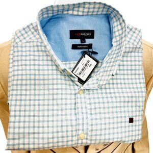 New Porsches London Button Long Sleeve Cotton Shirt  Sz L Treal Blue Check (86)